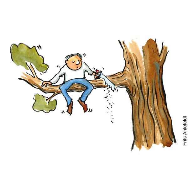 Illustration of man cutting the branch he is sitting on - Drawing by Frits Ahlefeldt